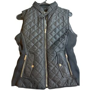Shine K Womens Black Quilted Puffer Vest Gold Zip Ribbed Sides Small